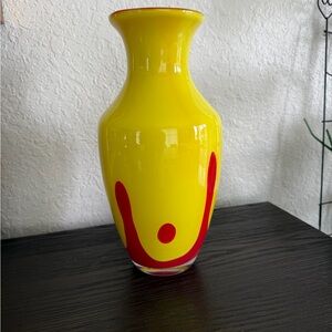 Vintage Bright Art Glass Vase Yellow w/ Red Abstract Accents MCM